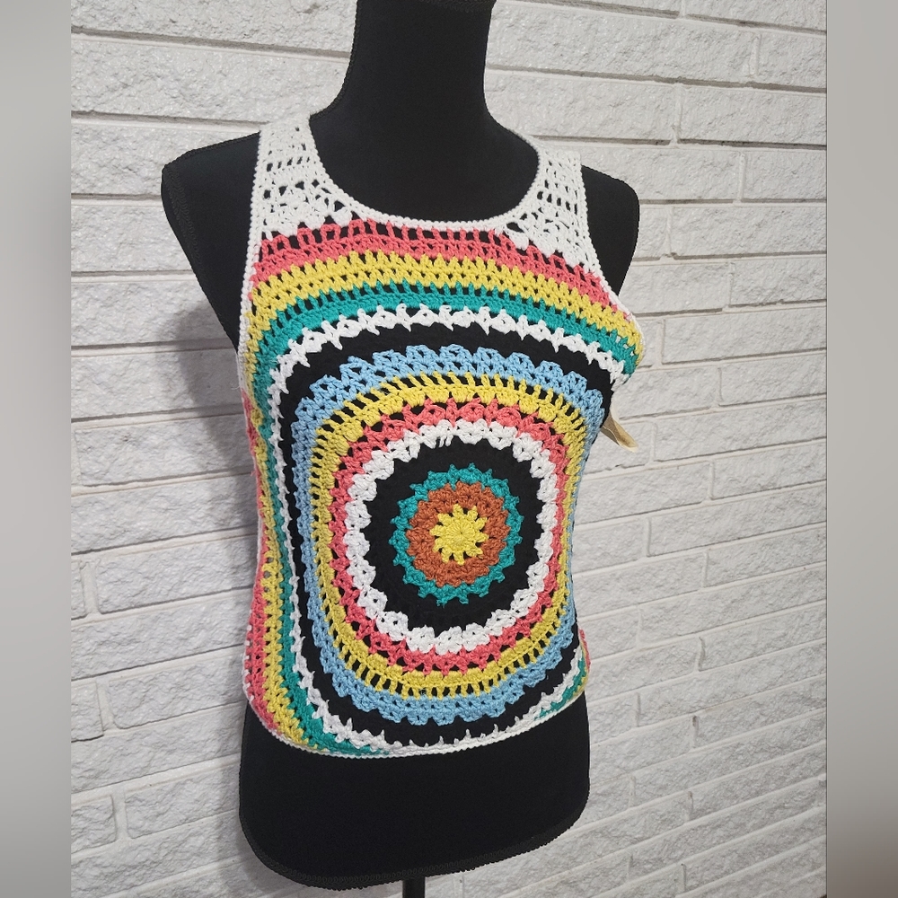 Altard state womens Boho Rainbow  crochet crop top Lg NWT